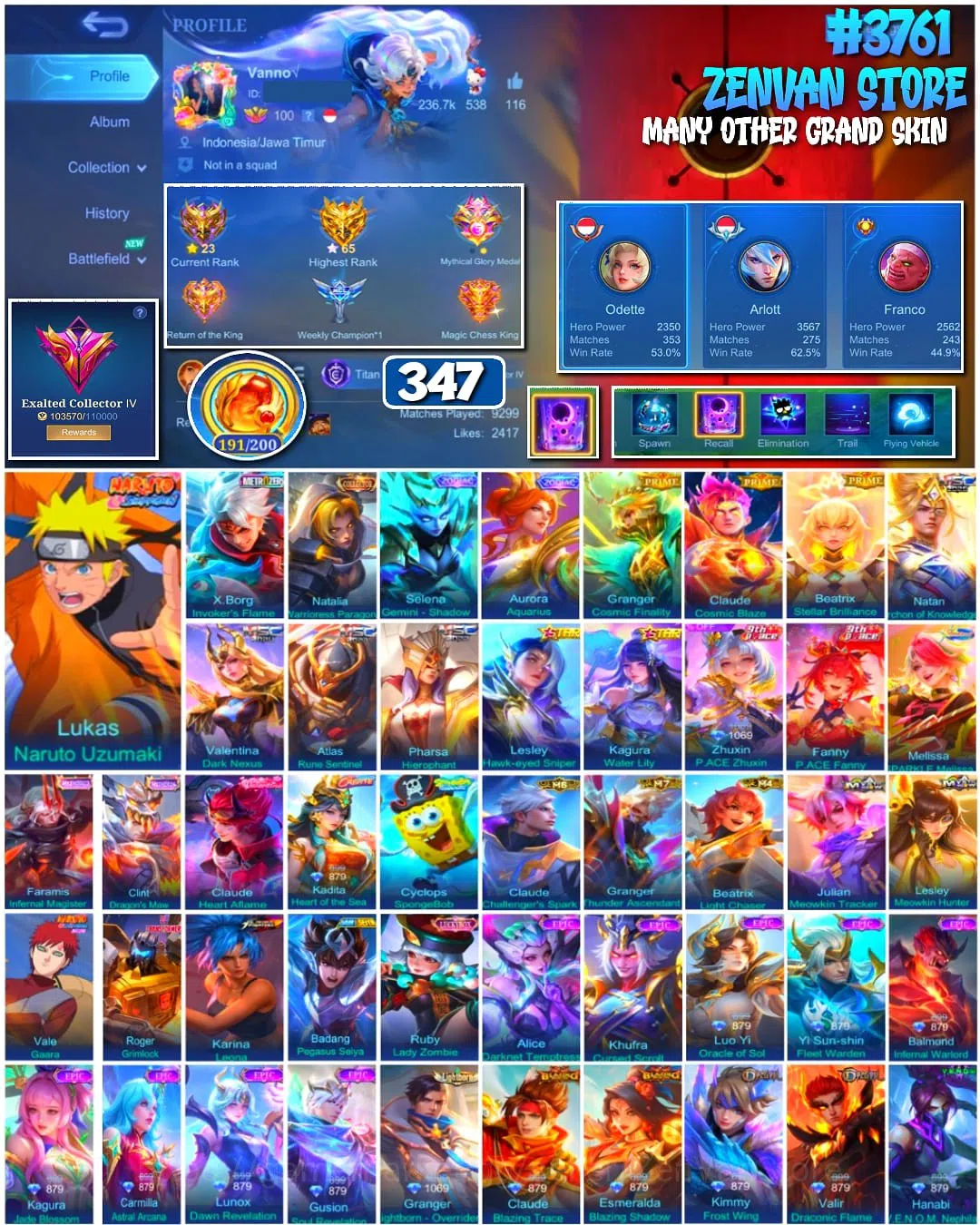 Mobile Legends: Bang Bang Accounts #3761 347 Skins | Collector Natalia | Naruto | Zer image 1