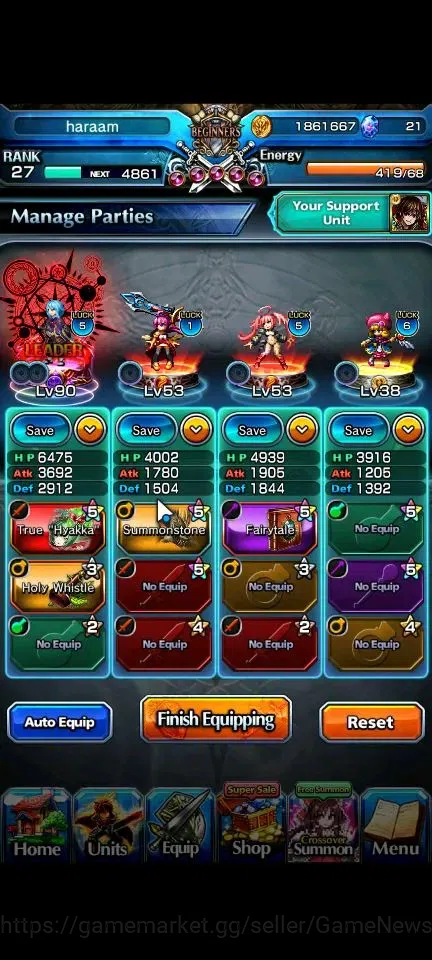 Grand Summoners Accounts Mid-Game Global|Rank 27|2 Ascend (Demon Lord Samurai Rimuru,Marisa Kirisame)|Lpot 29| Check SS 3