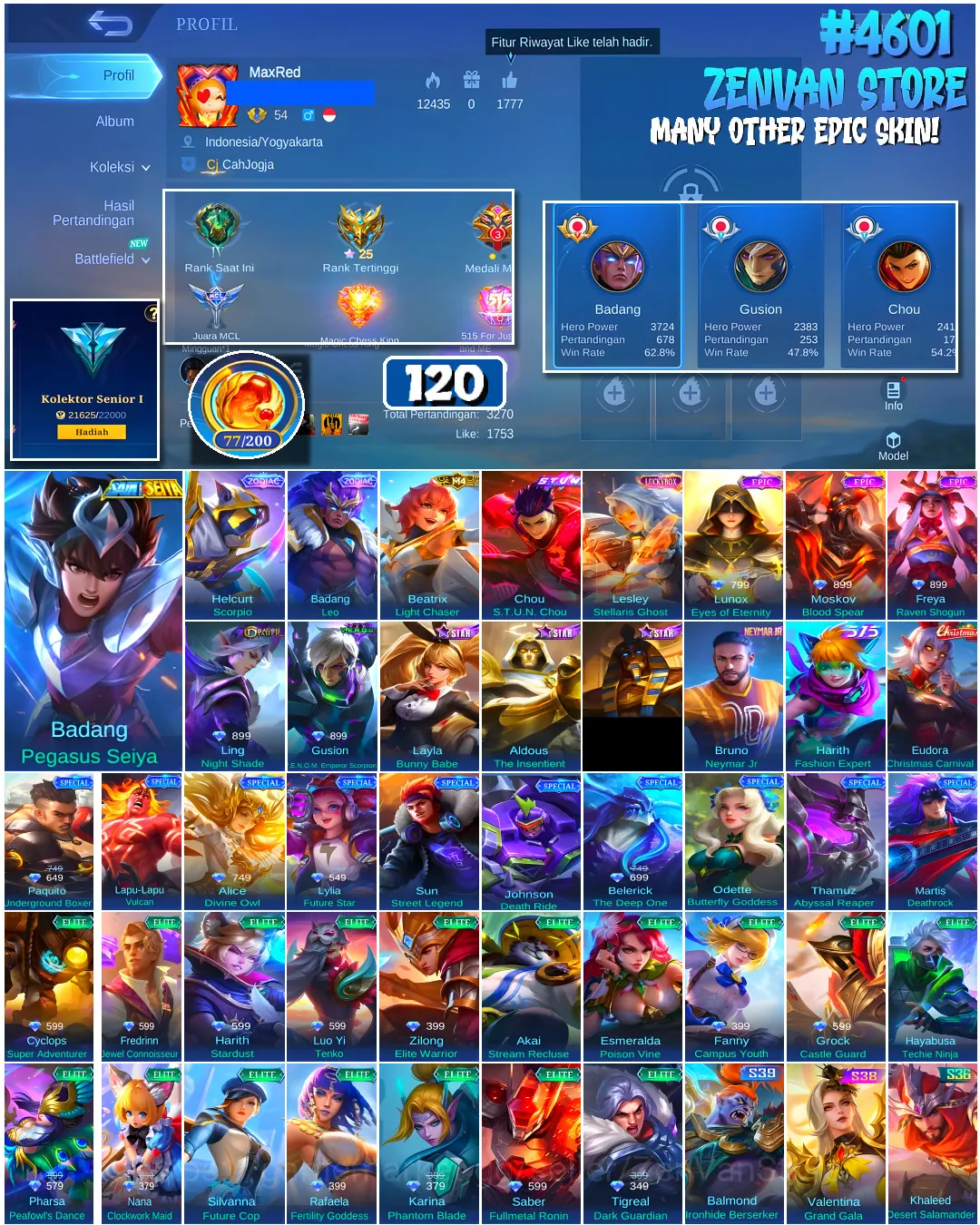Mobile Legends: Bang Bang Accounts #4601 120 Skins | Badang Pegasus Seiya (SAINT SEIYA) | Freya Raven Shogun (EPIC) | Lunox 1