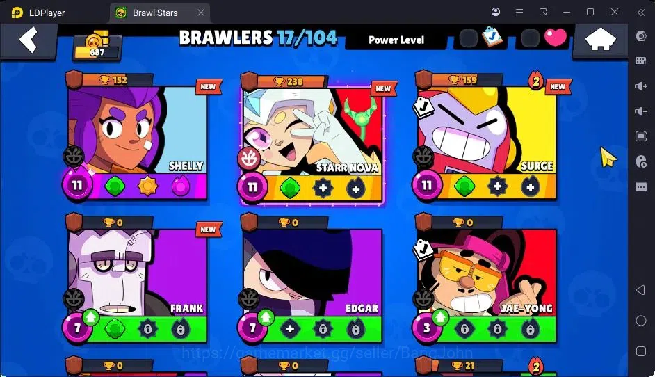 Brawl Stars Accounts Thropy 687|17 Brawler|1 Max Hypercharge(Shelly)|1 Legend(Colt),1Mythic(Otis),3 Epic Skin|3137 5