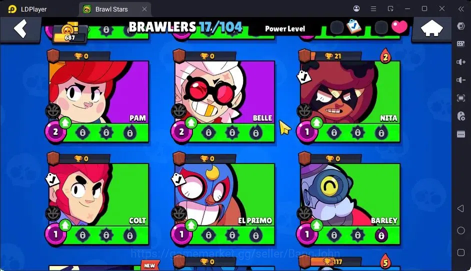Brawl Stars Accounts Thropy 687|17 Brawler|1 Max Hypercharge(Shelly)|1 Legend(Colt),1Mythic(Otis),3 Epic Skin|3137 6