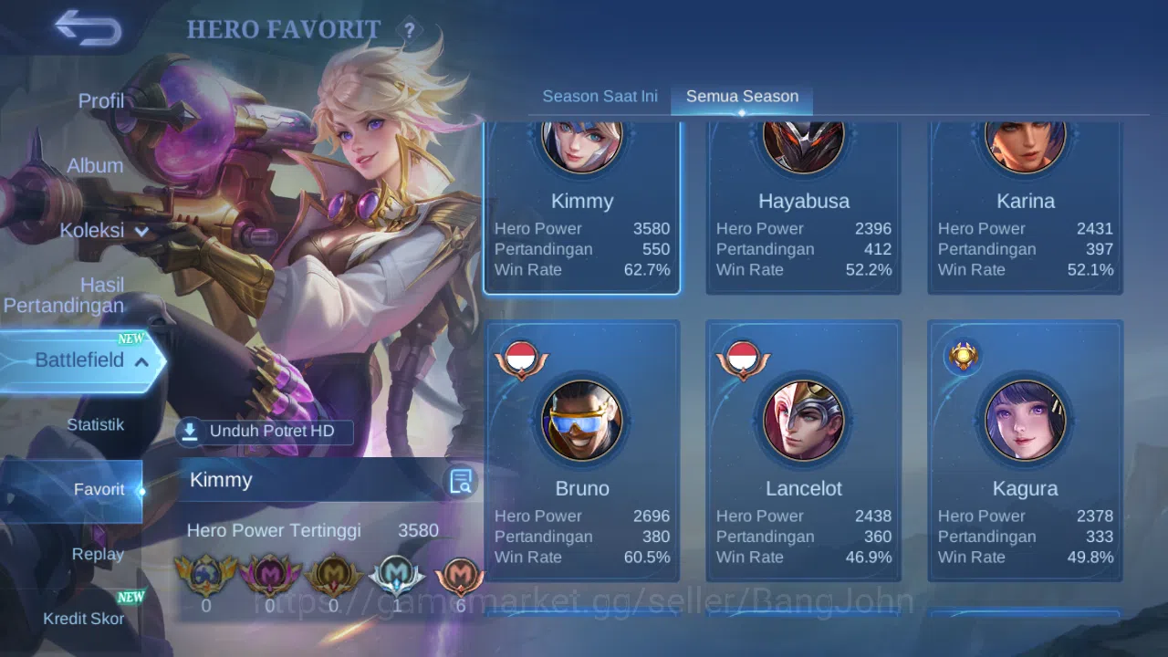 Mobile Legends: Bang Bang Accounts Others "Hero 131 | skin 492 | legend franco | legend miya | hxh harith | kof gusion 3