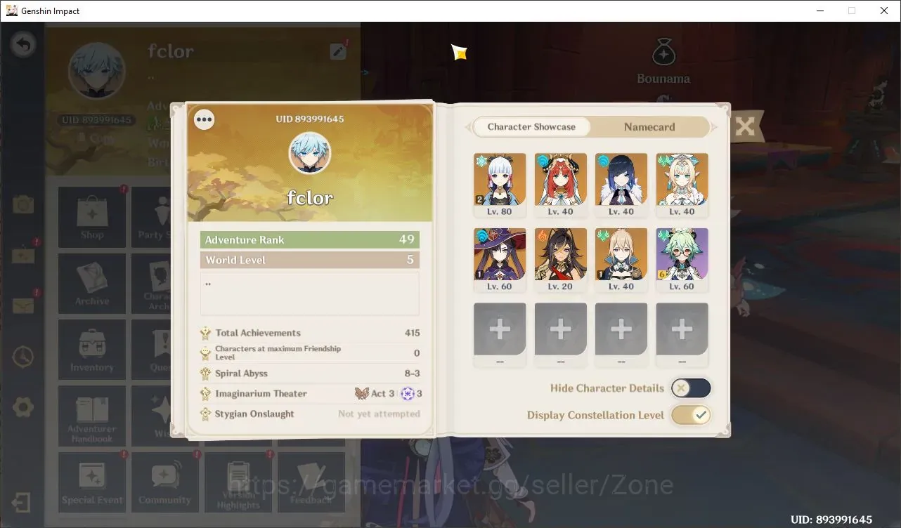Genshin Impact Accounts Others ASIA|AR 49|4Limited+3 Std(5*Char)|(Ayaka C2,Vesna,Nilou)|FemaleMC|Very Low 1