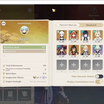 Genshin Impact Accounts Others ASIA|AR 49|4Limited+3 Std(5*Char)|(Ayaka C2,Vesna,Nilou)|FemaleMC|Very Low