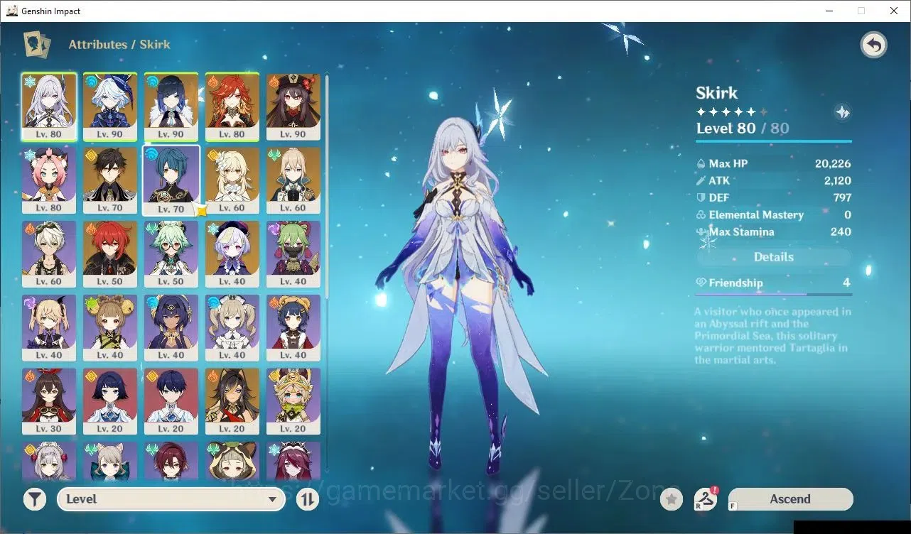 Genshin Impact Accounts Others ASIA|AR 55|6 Limited 5*CHAR+2 5*Wpn|Premium Skirk (Skirk, Hu Tao C1, Furina+Sign,Yelan 3
