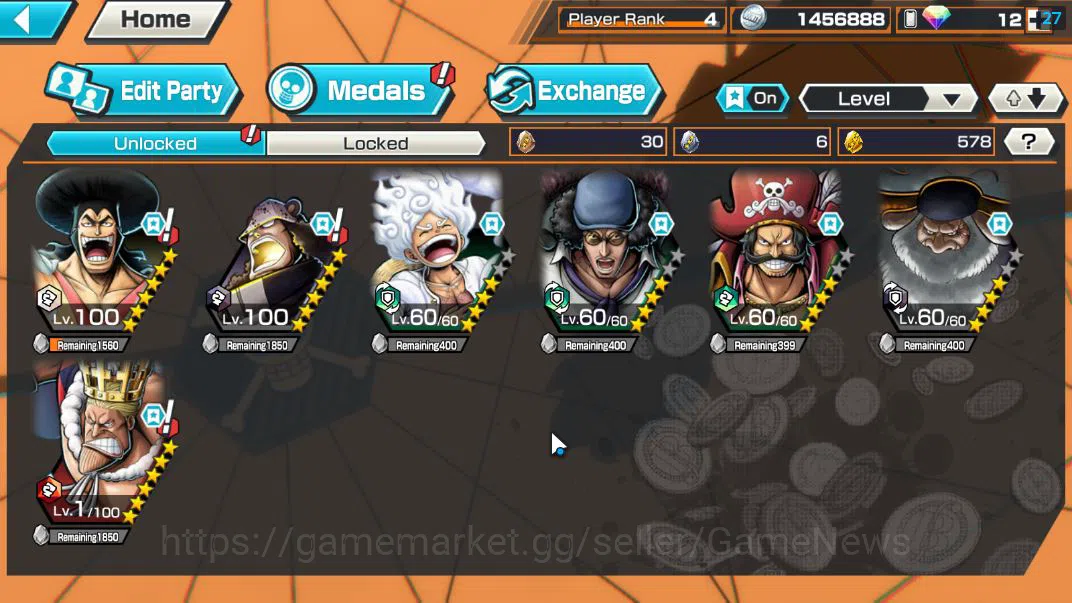 One Piece Bounty Rush Accounts Starter Global|4EX|Gear5 Luffy,BP Kuzan,King Pirates Roger,5Elder Saturn|Rank 4|*4CF 3