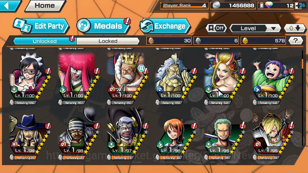 One Piece Bounty Rush Accounts Starter Global|4EX|Gear5 Luffy,BP Kuzan,King Pirates Roger,5Elder Saturn|Rank 4|*4CF 5
