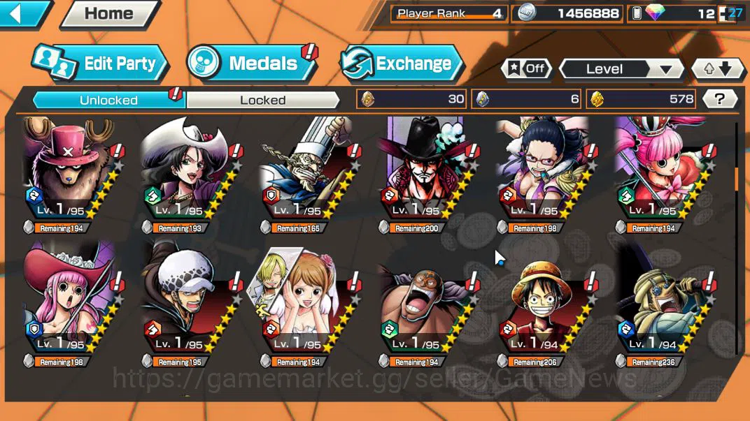 One Piece Bounty Rush Accounts Starter Global|4EX|Gear5 Luffy,BP Kuzan,King Pirates Roger,5Elder Saturn|Rank 4|*4CF 6