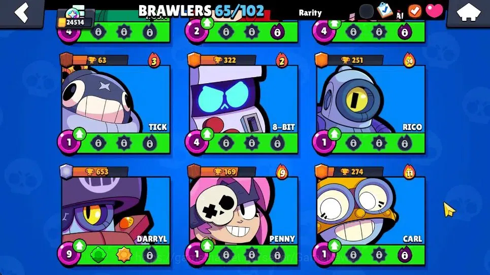 Brawl Stars Accounts 24514 Trophy|11k Bling|65 Brawlers 8 Max Lvl|2 Legend [Jock Stu,Mecha Colt] 1 Mythic [Pop Penny] 28 12