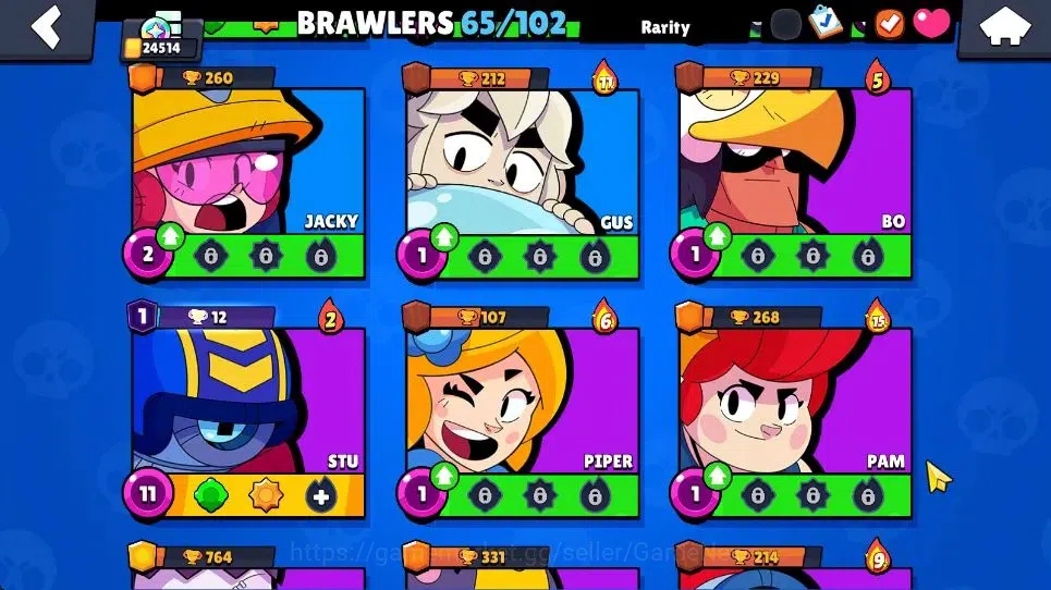 Brawl Stars Accounts 24514 Trophy|11k Bling|65 Brawlers 8 Max Lvl|2 Legend [Jock Stu,Mecha Colt] 1 Mythic [Pop Penny] 28 13