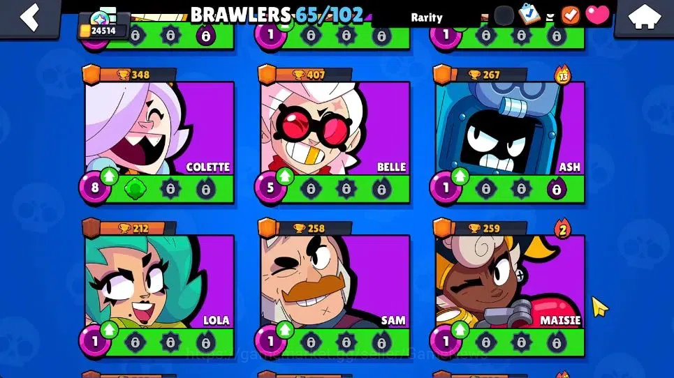 Brawl Stars Accounts 24514 Trophy|11k Bling|65 Brawlers 8 Max Lvl|2 Legend [Jock Stu,Mecha Colt] 1 Mythic [Pop Penny] 28 15