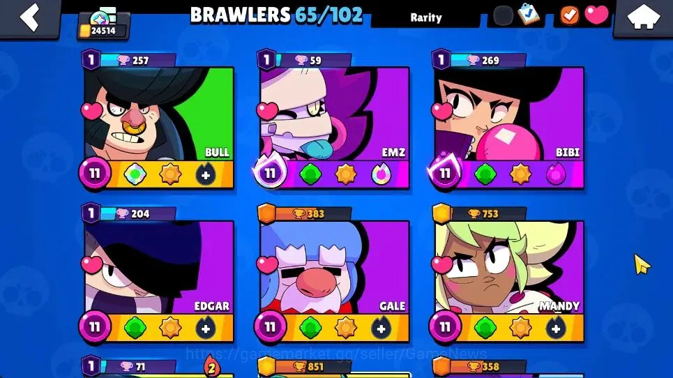 Brawl Stars Accounts 24514 Trophy|11k Bling|65 Brawlers 8 Max Lvl|2 Legend [Jock Stu,Mecha Colt] 1 Mythic [Pop Penny] 28 9