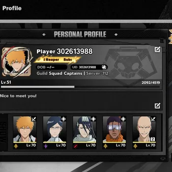 BLEACH: Soul Resonance Accounts Nuverse SEA|Lv.51|5 SSR 3 Sign (Kuchiki,Tosen,MadarameB2,IchigoDZ,Uryu)+Stamp|Log