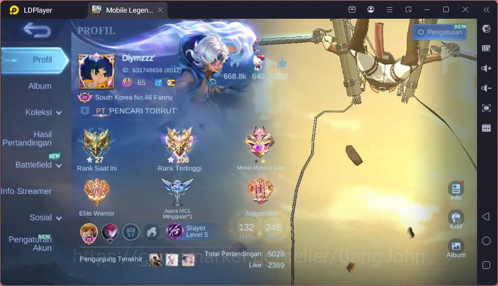 Mobile Legends: Bang Bang Accounts Hero 132|Skin 248|Recall epic|AoT Fanny,Transform image 1