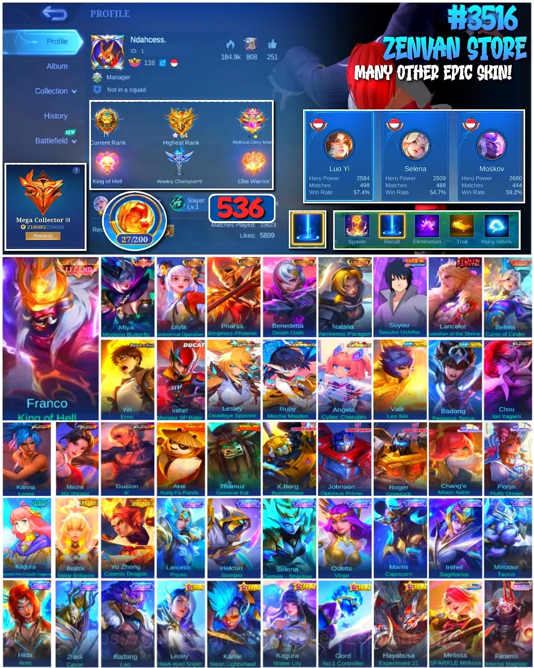 Mobile Legends: Bang Bang Accounts #3516 536 Skins | Legend Franco & Miya | 4 Collect image 1
