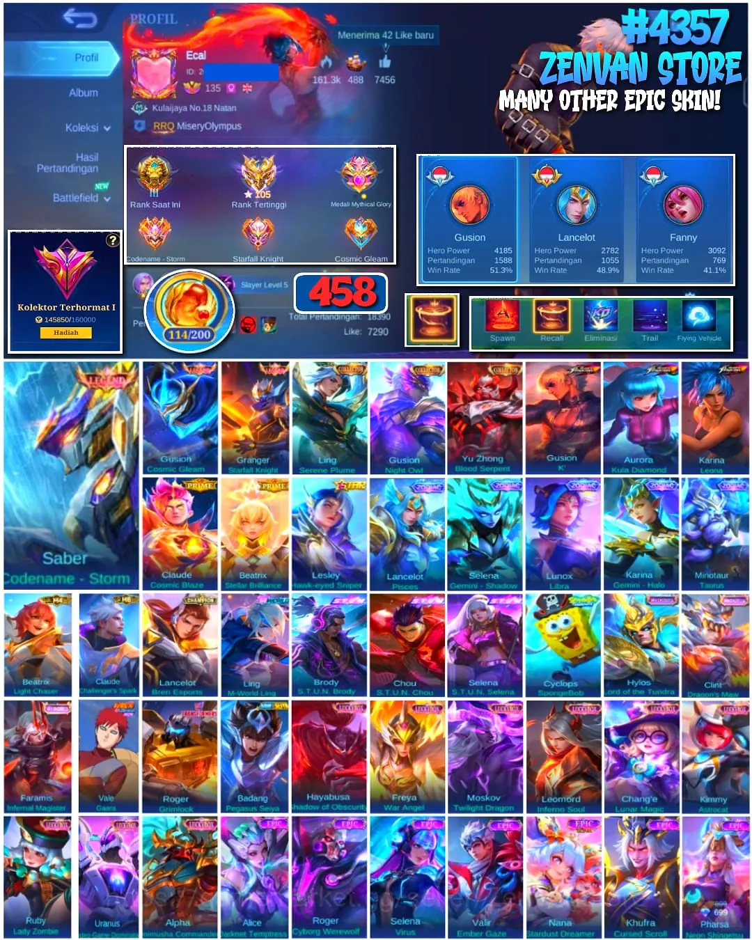 Mobile Legends: Bang Bang Accounts #4357 458 Skins | Saber Codename - Storm (LEGEND) | Gusion Cosmic Gleam (LEGEND 1