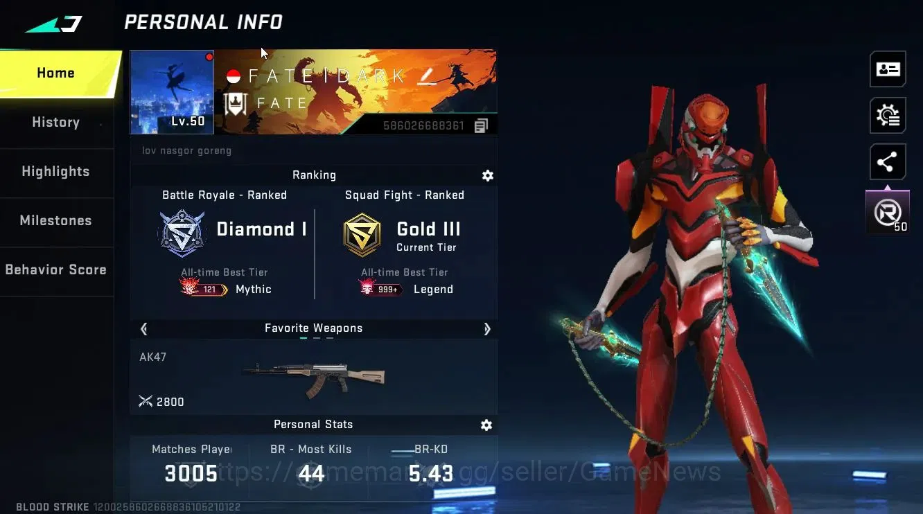 Blood Strike Accounts Asia|5 ETERNAL[RAN-Rave,Melee CHAINBLADE,MP5-Lv6,K image 2