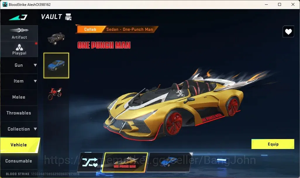 Blood Strike Accounts Collab Skin ASIA | 1 OPM: MP5-Saitama Vanguard Edition|1 Collab Sedan OPM|1 Epic Name Changing 5