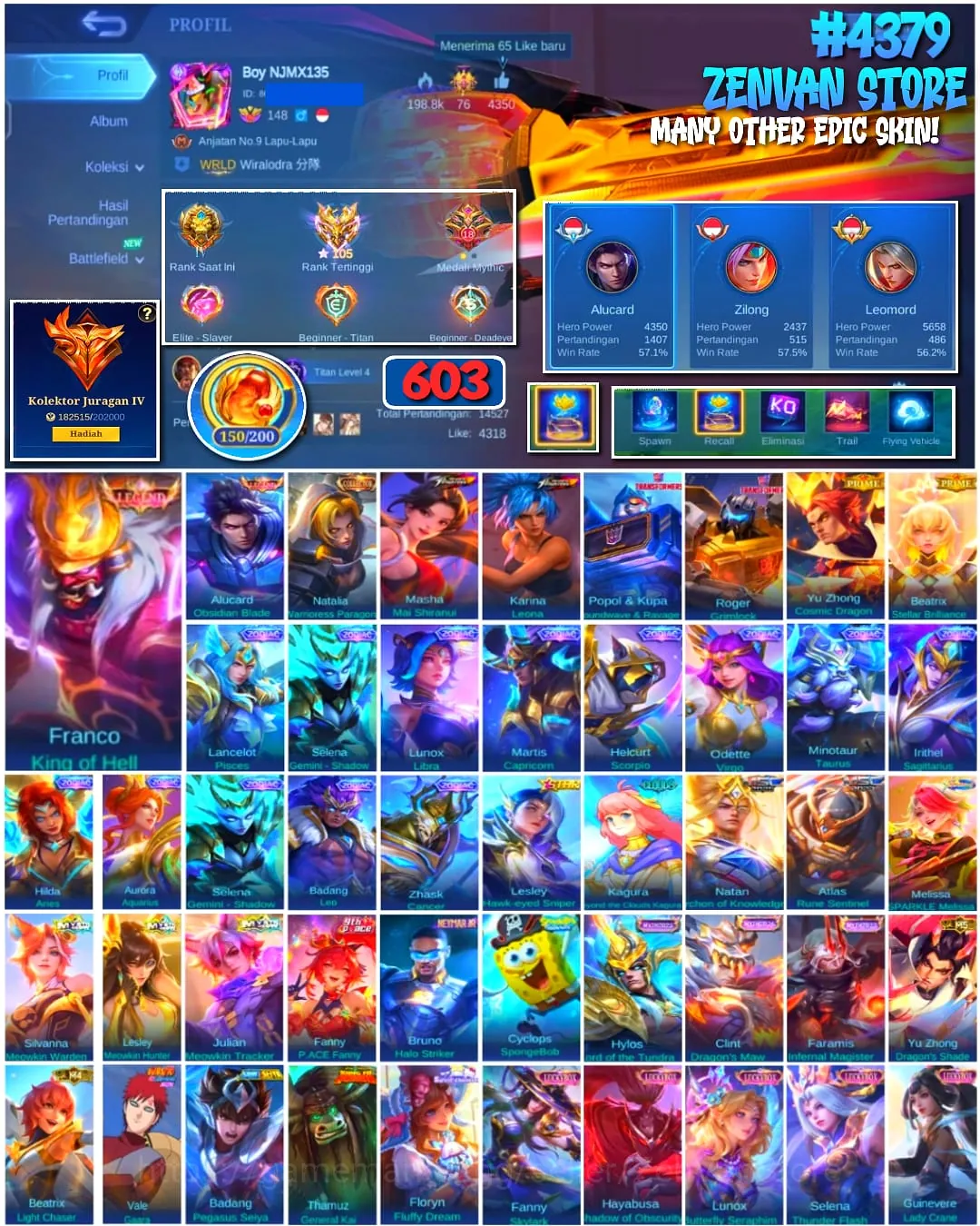 Mobile Legends: Bang Bang Accounts #4379 603 Skins | Franco King of Hell (LEGEND) | Alucard Obsidian Blade (LEGEND) | Masha 1