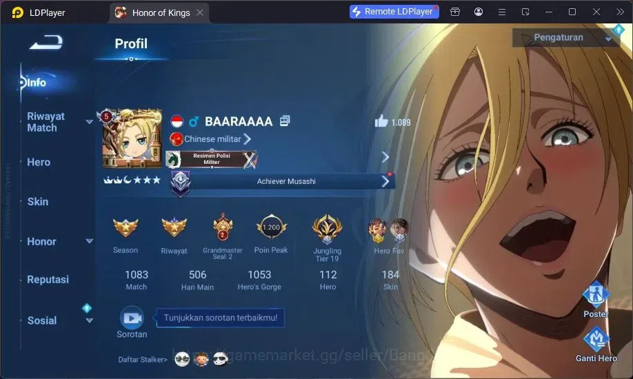 Honor of Kings Accounts Global | 4 Legend Allain, Musashi,Angela,LadySun L image 2