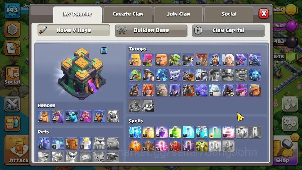 Clash of Clans Accounts High-End TH14-BH9|Lv.143|BK46,AQ40,M46,GW33,RC18|BM19-BC16|HH8|4 Legendary,1 Gold Skins|CN-Off|1848 1