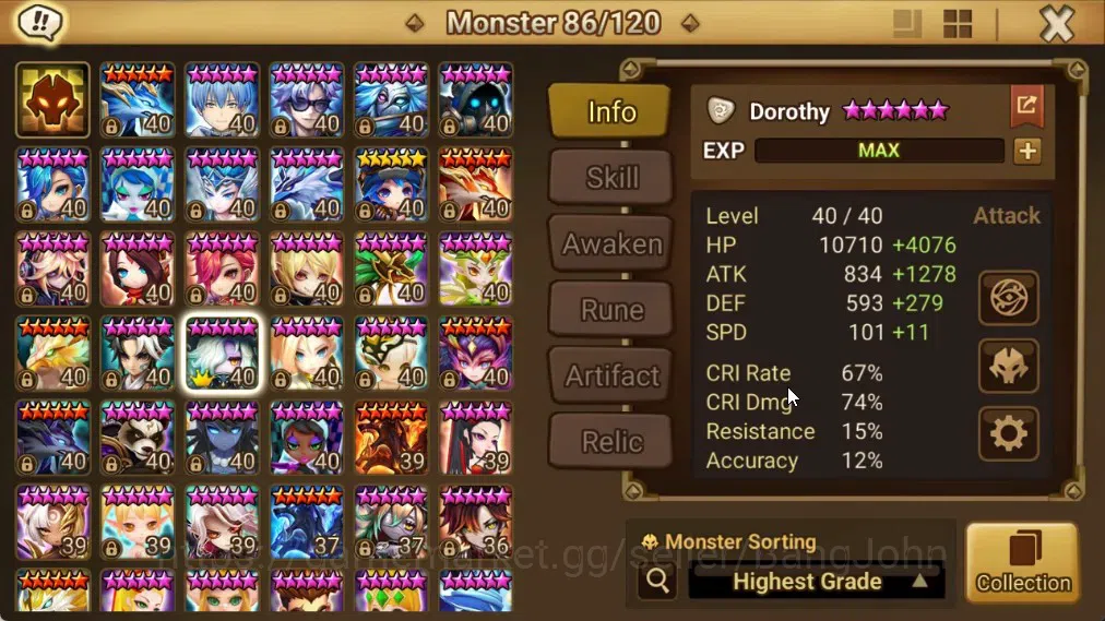 Summoners War: Sky Arena Accounts End-Game ASIA | Lv100 4LND(Dorothy,Azure Dragon Sword Light,Mi Ying,Arella) 36NB5 5