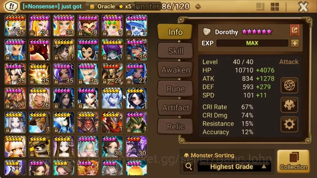 Summoners War: Sky Arena Accounts End-Game ASIA | Lv100 4LND(Dorothy,Azure Dragon Sword Light,Mi Ying,Arella) 36NB5 6