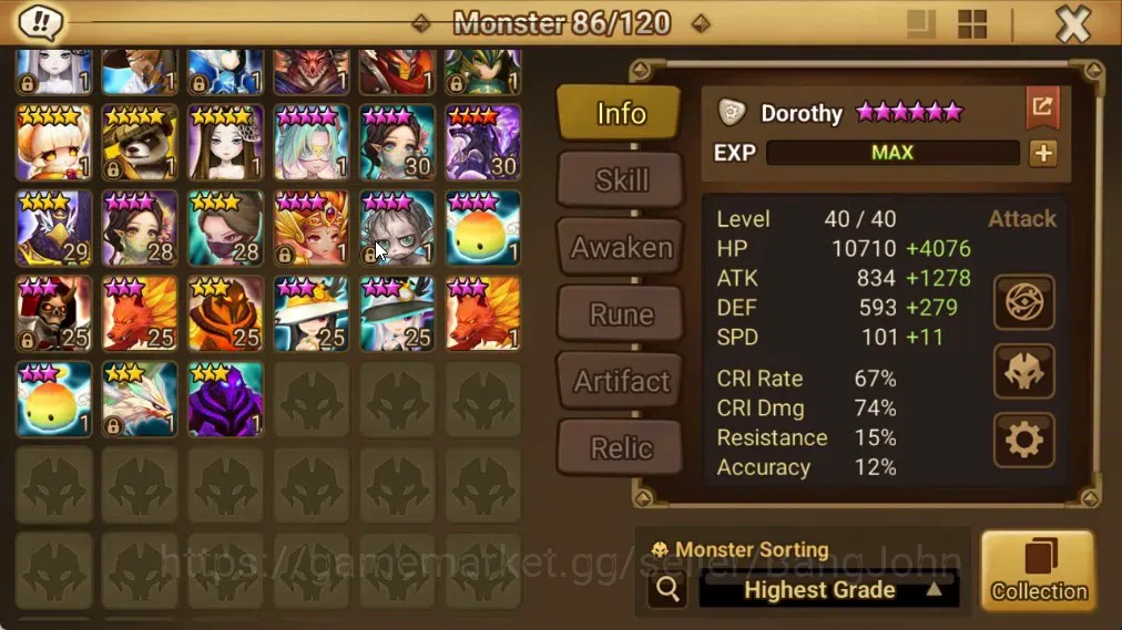 Summoners War: Sky Arena Accounts End-Game ASIA | Lv100 4LND(Dorothy,Azure Dragon Sword Light,Mi Ying,Arella) 36NB5 7
