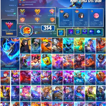 Mobile Legends: Bang Bang Accounts 🔥 #4165 🔥 💎 314 Skins 👑 Legend Gusion Cosmic Gleam ⚔️ Exalted Collector V ⭐ Naruto