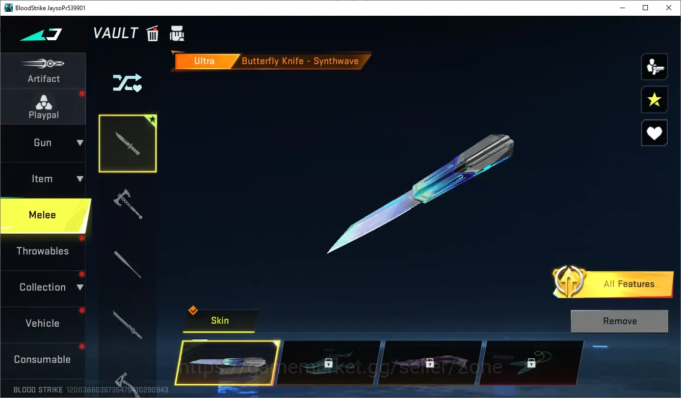 Blood Strike Accounts Collab Skin ASIA|ULTRA Melee: Butterfly Knife-Synthwave|1 AOT Gun: M4A1-Battle of Faith|1 LEGENDARY 1
