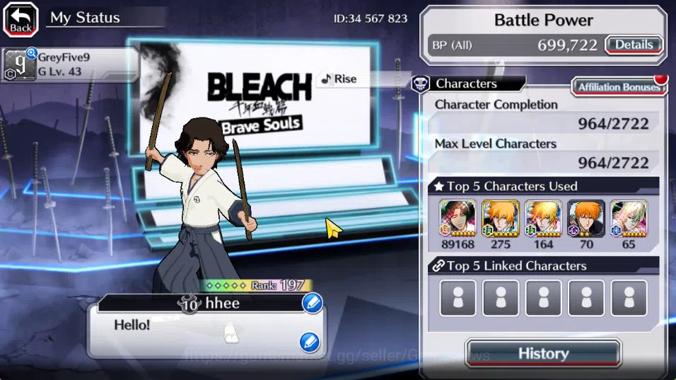 Bleach: Brave Souls Accounts Mid-Tier [GLOBAL]51 Orbs|Rukia 10th Anniv,Soul Reaper(Shunsui,Jushiro),Jushiro TYBW25,Aizen 3