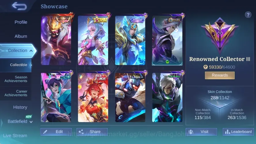 Mobile Legends: Bang Bang Accounts Collector Global|Skin 288|Renowned|Legend Franco,KOF Karina,STAR ANUAL Angela,PACE 1