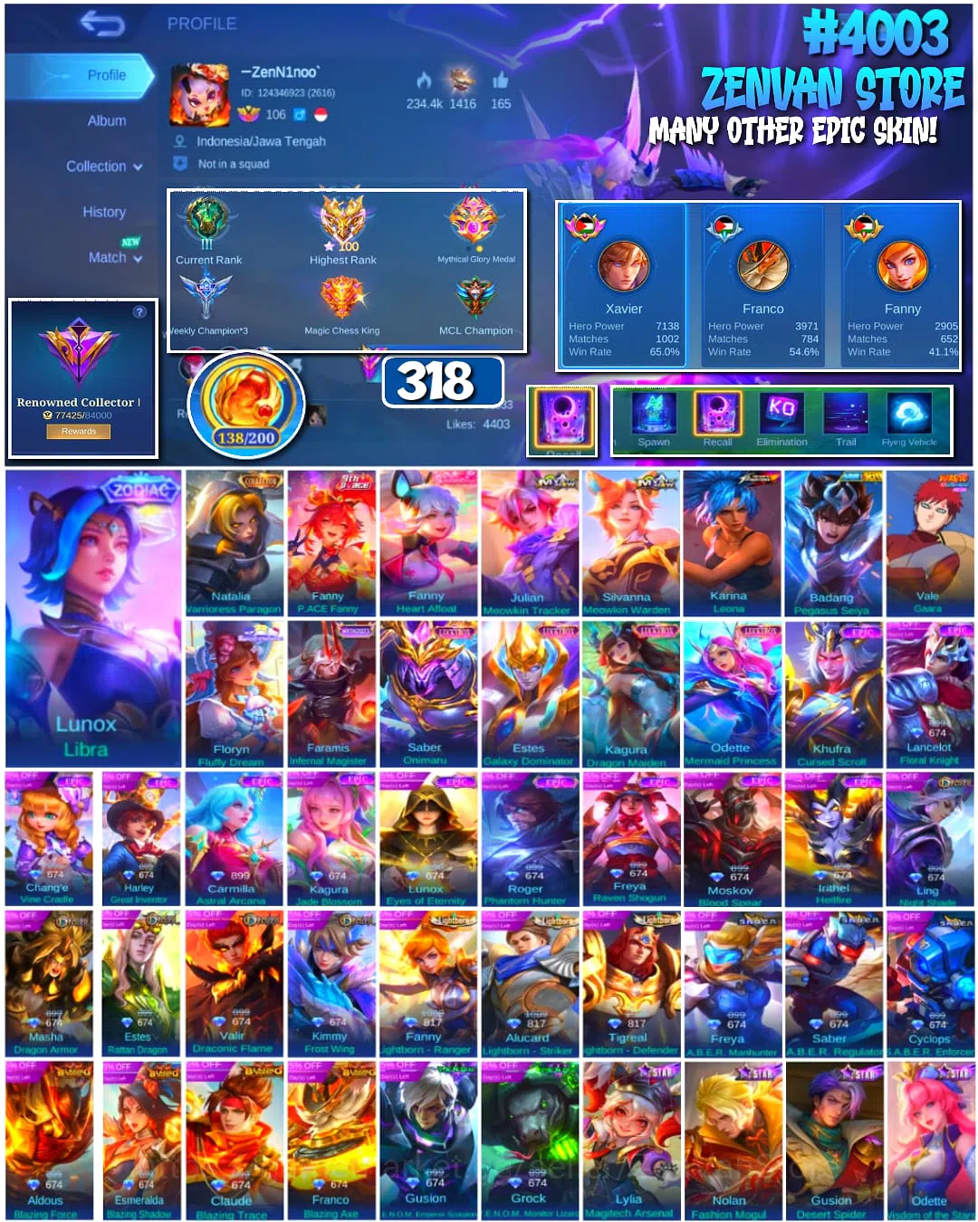 Mobile Legends: Bang Bang Accounts 🔥 #4003 🔥 318 Skins 💎 Renowned Collector I 👑 Mythical Glory ⚔️ Collector Natalia 1