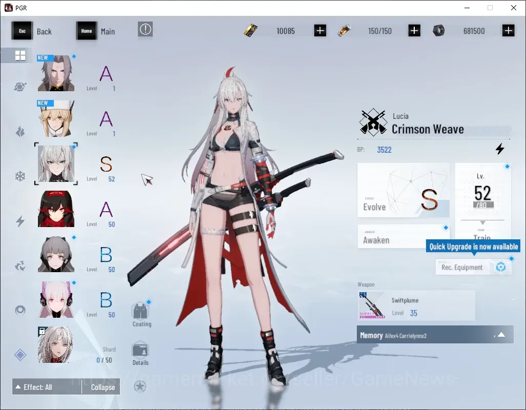 Punishing: Gray Raven Accounts Mid-Game Asia |Lv 51|10k BC, 3k YC, 6k BlueC|S Lucia Crimson Weave|1 S Omniframe & 1 Weapon 1