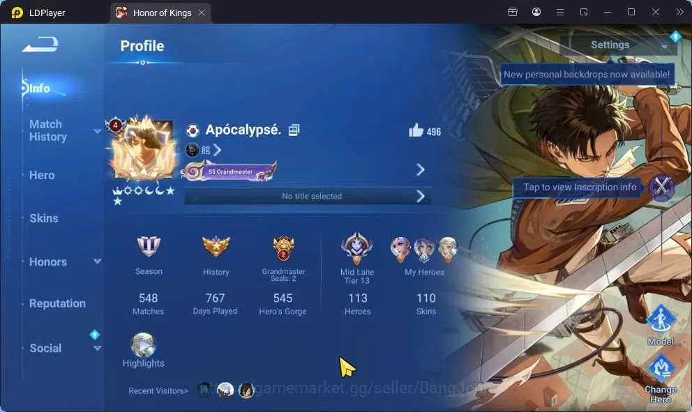 Honor of Kings Accounts Rare Skin Global|113H 110S|AOT Allain,Mayene|Legend Lam,LiXin|Saint Seiya:HouYi|LNY DaQiao|Limited 1