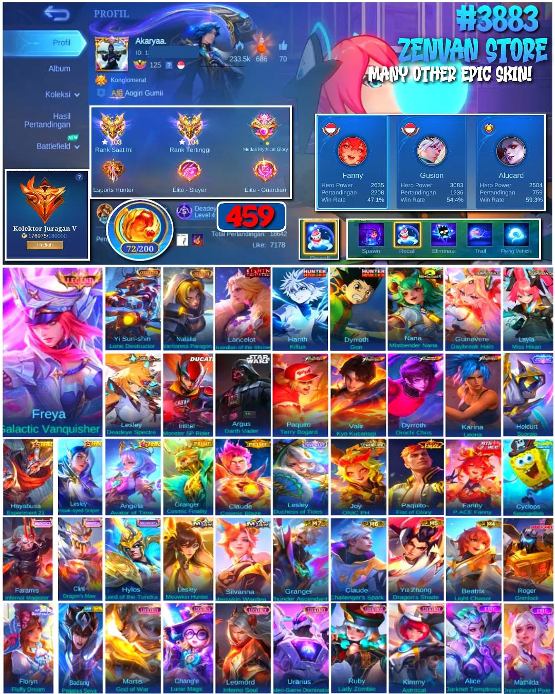 Mobile Legends: Bang Bang Accounts #3883 459 Skins | Legend Freya | Collector Yin Shu image 1