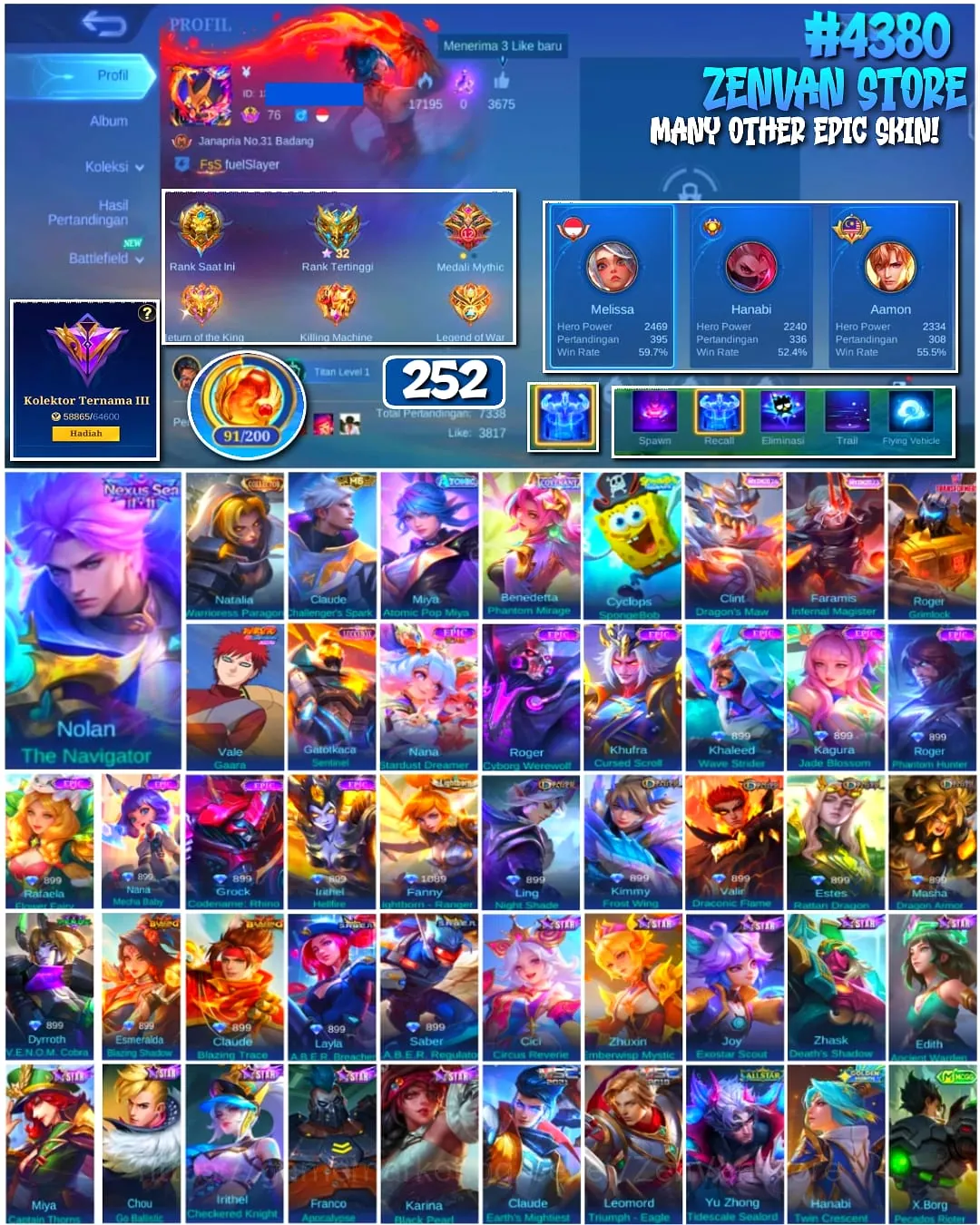 Mobile Legends: Bang Bang Accounts #4380 252 Skins | Vale Gaara (NARUTO) | Cyclops SpongeBob (SPONGEBOB) | Roger Grimlock 1