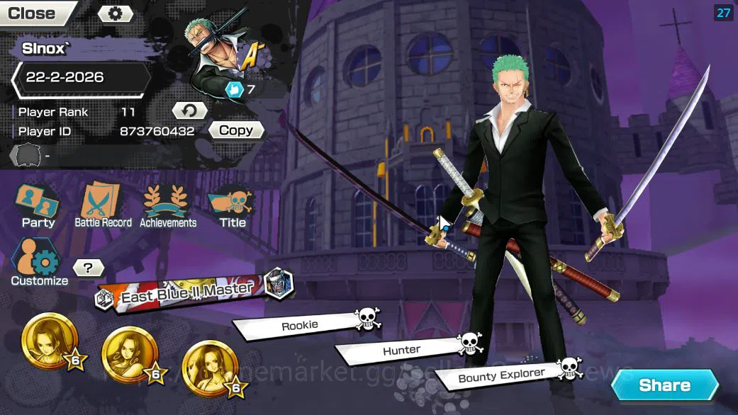 One Piece Bounty Rush Accounts Starter Global|5 EX|BP Kuzan,Onigashima Zoro,Gear5 Luffy,KOP Roger,5Elder Saturn|Rank 2