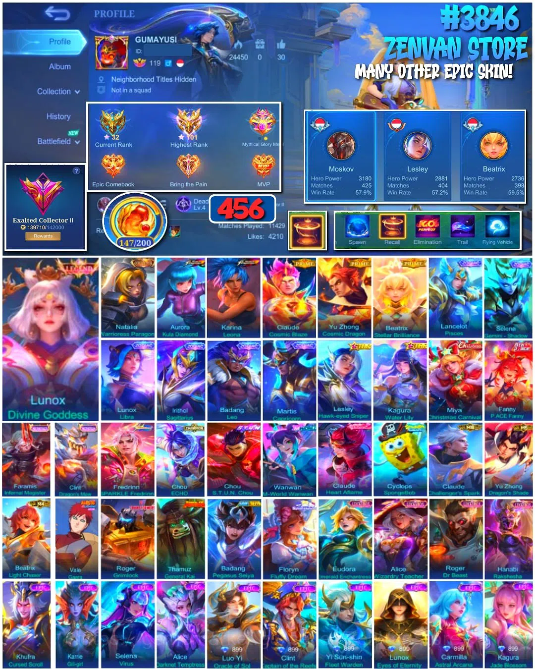 Mobile Legends: Bang Bang Accounts Collector #3846 456 Skins | Legend Lunox | Collector Natalia | KoF Aurora & Karina 1