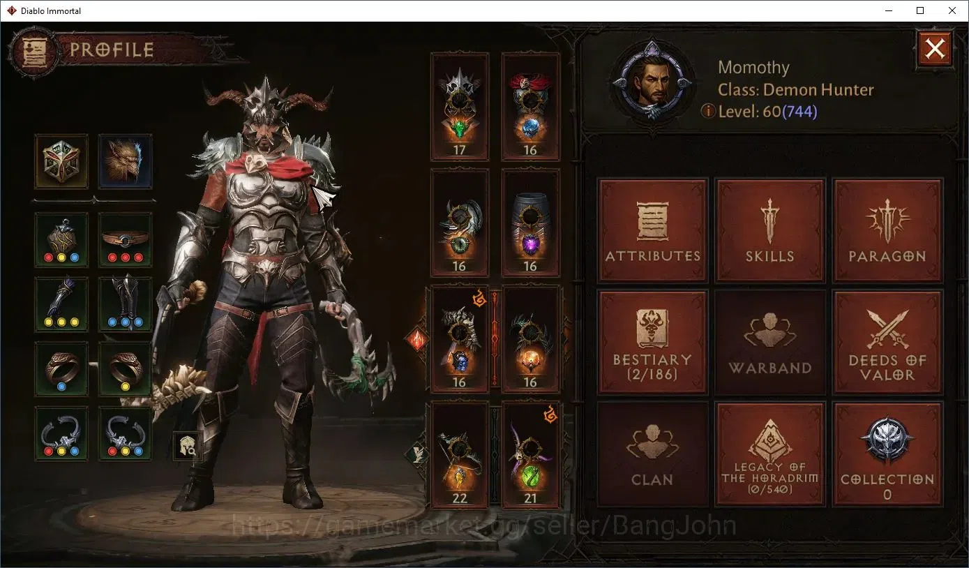 Diablo Immortal Accounts High-End EU - Aranoch |60 (744) Demon Hunter - Vanquisher |CR 41k |Reso 510|L30 (6*) Varog Familiar 1