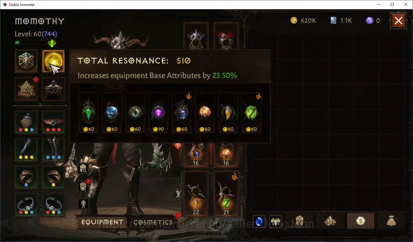 Diablo Immortal Accounts High-End EU - Aranoch |60 (744) Demon Hunter - Vanquisher |CR 41k |Reso 510|L30 (6*) Varog Familiar 13