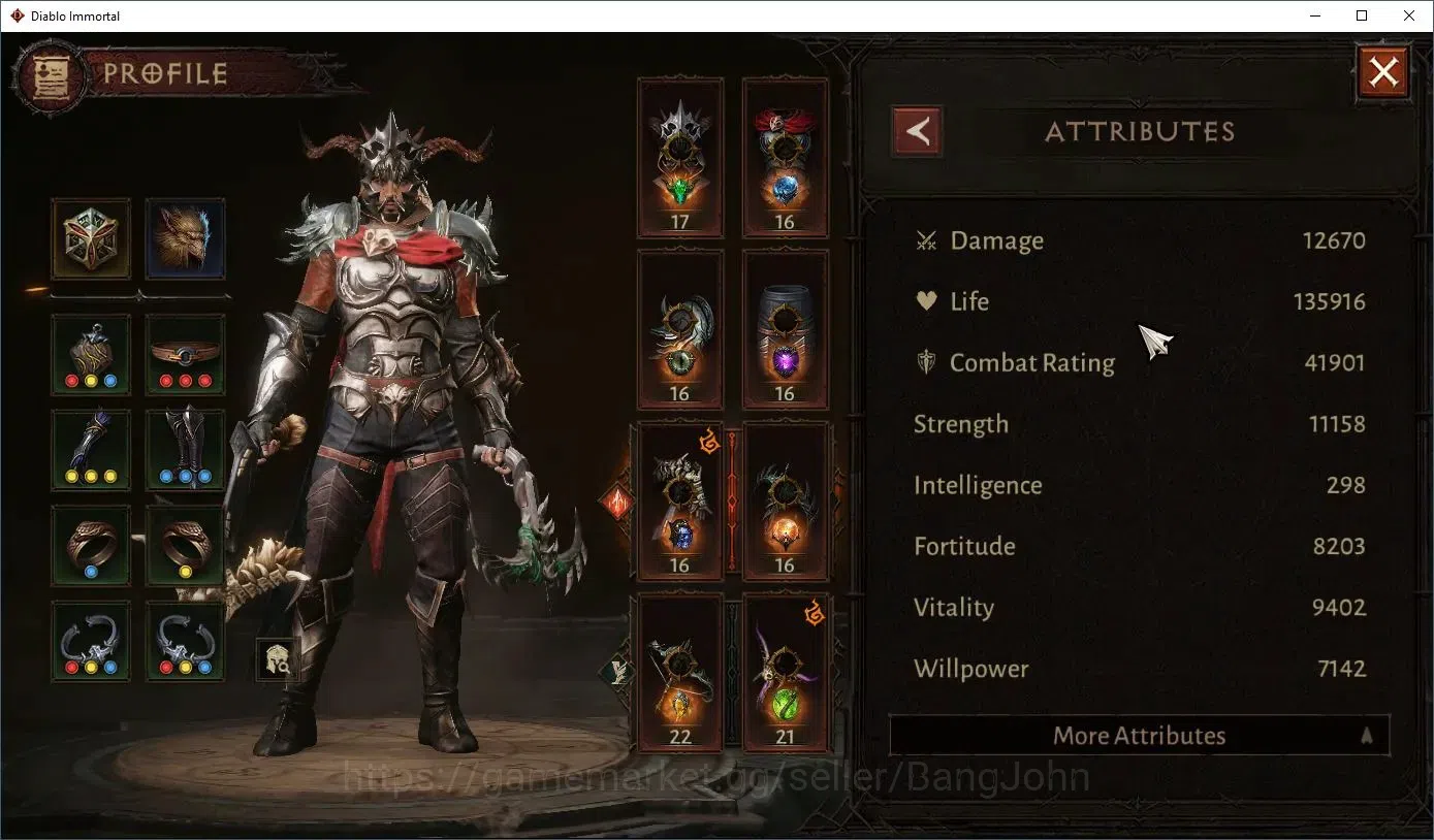 Diablo Immortal Accounts High-End EU - Aranoch |60 (744) Demon Hunter - Vanquisher |CR 41k |Reso 510|L30 (6*) Varog Familiar 3
