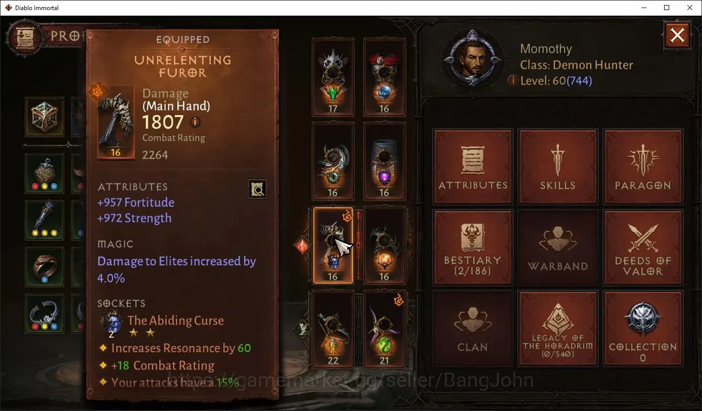 Diablo Immortal Accounts High-End EU - Aranoch |60 (744) Demon Hunter - Vanquisher |CR 41k |Reso 510|L30 (6*) Varog Familiar 4