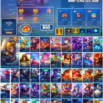 Mobile Legends: Bang Bang Accounts 🔥 #4115 🔥 💎 188 Skins 👑 Collector Natalia Warrioress Paragon ⚔️ Expert Collector I