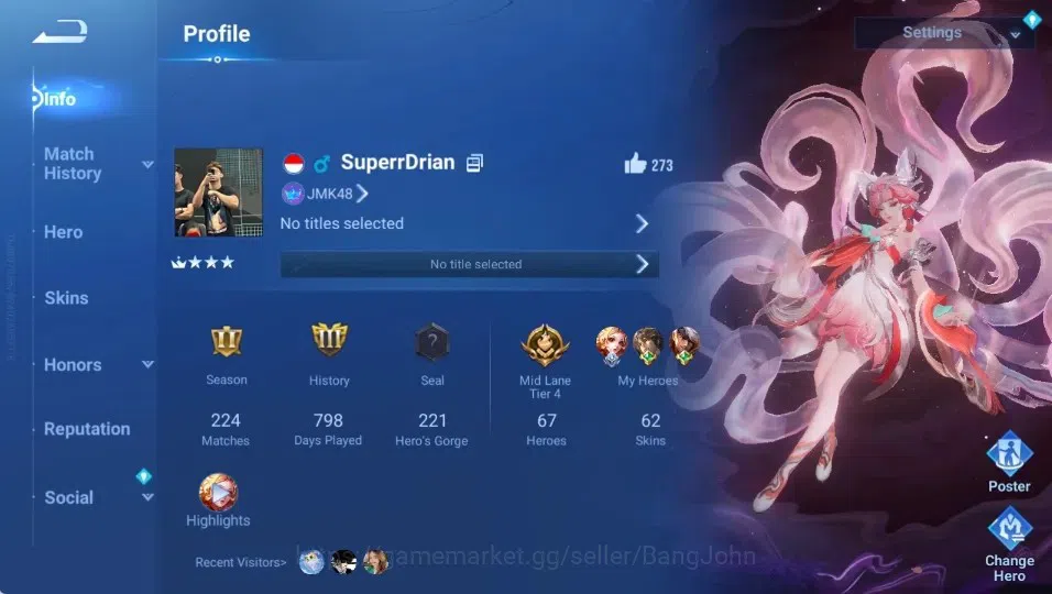 Honor of Kings Accounts Rare Skin Global|67H 62S|Flawless Daji|LNY24 Sun Ce&Da Qiao|Legend Consort Yu|Seiya Dharma|14++ Epic 1