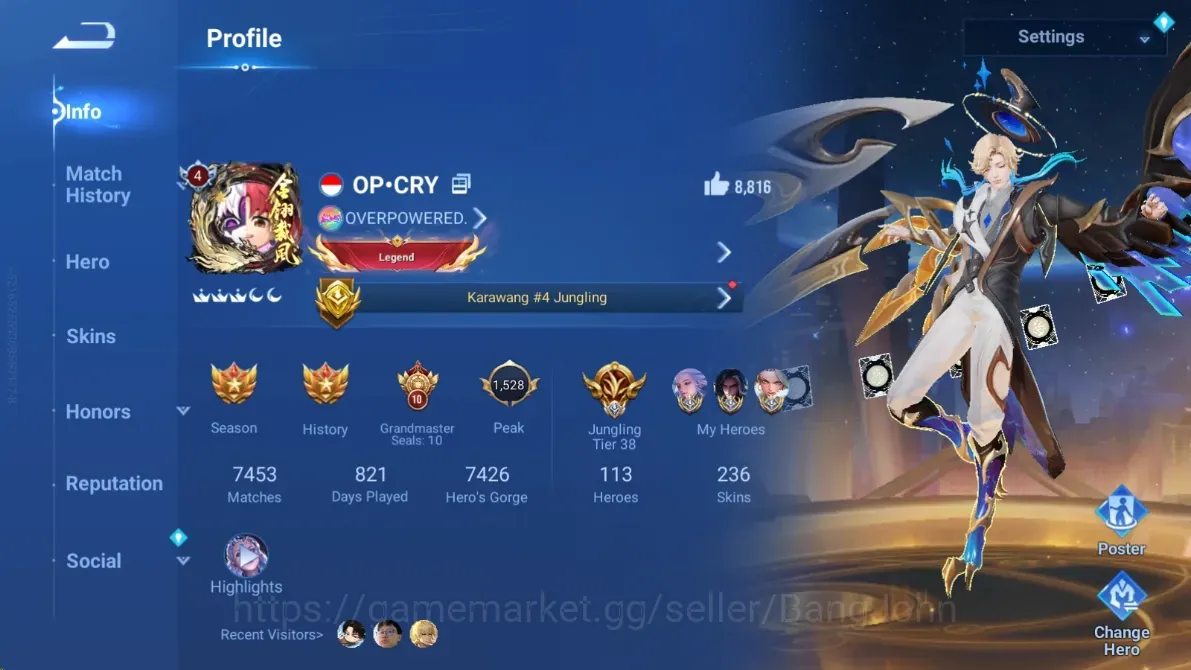 Honor of Kings Accounts Rare Skin Global|113H 236S|Magic:Cirrus|KIC:Luna|Flora:Sakeer|7 Legend:Angela,Butterfly,Consort 1