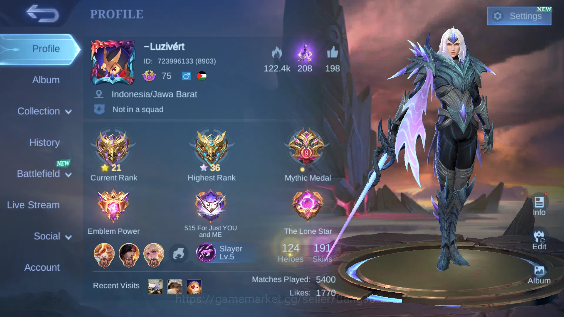 Hero 124 | Skin 191 | Emblem All Max | WR YSS Lumayan (65,3%) | Dragon Tamer Lancelot | Epic Lancelot | Epic YSS ML729B Mobile Legends: Bang Bang Others Hero 124 | Skin 191 | Emblem All Max | WR YSS Luma image 1