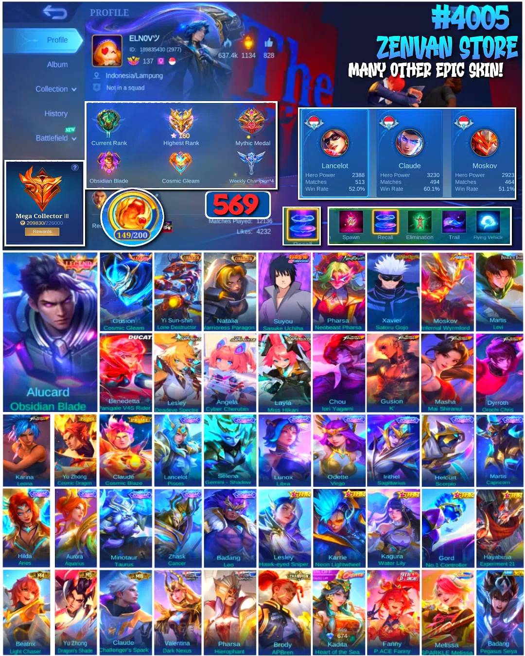 Mobile Legends: Bang Bang Accounts 🔥 #4005 🔥 569 Skins 💎 Mega Collector III 👑 Legend Alucard Obsidian Blade ⚔️ Legend 1