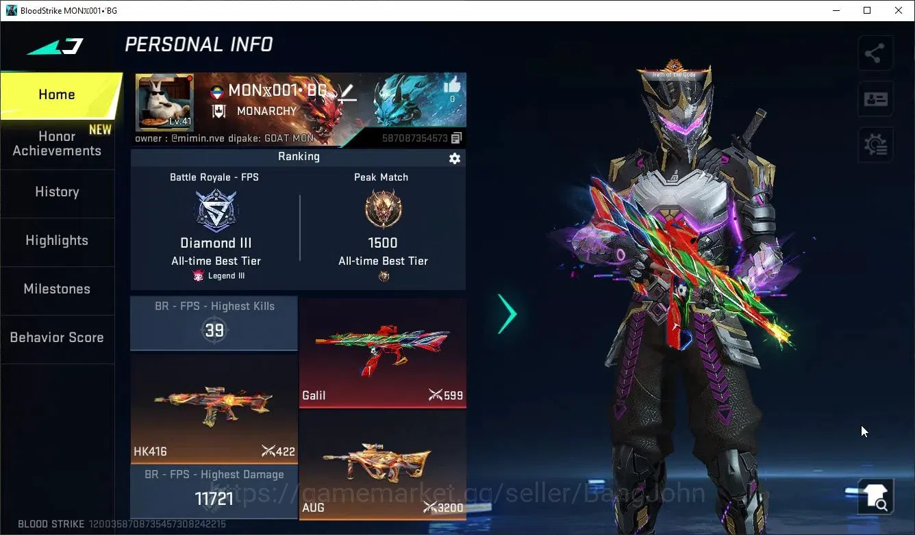 Blood Strike Accounts Collab Skin Asia|Eternal Deagle-Scorpius|6 Collab Guns(7DS/TR/OPM)|2 Limited Guns:Origin-12,AR97|2 1