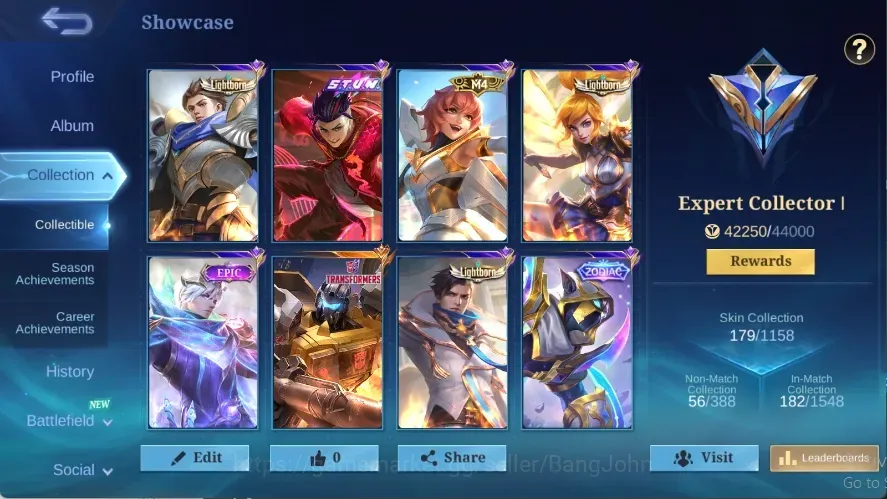 Mobile Legends: Bang Bang Accounts Collector Global|101 Hero|Skin 179|Expert|STUN Chou|Zodiac Helcurt|Collector Layla 1